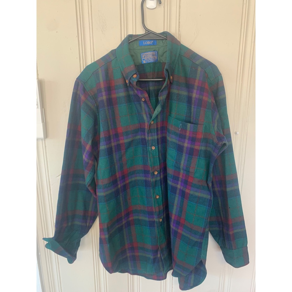 Vintage Pendleton Lobo Mens Medium Wool Plaid Button Down Shirt Green Purple USA